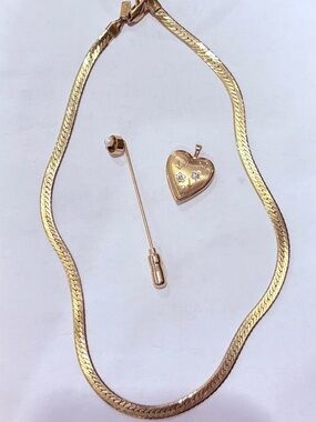 14K GF Herringbone Necklace, Locket, Pearl Pin  ESTATE Jewelry